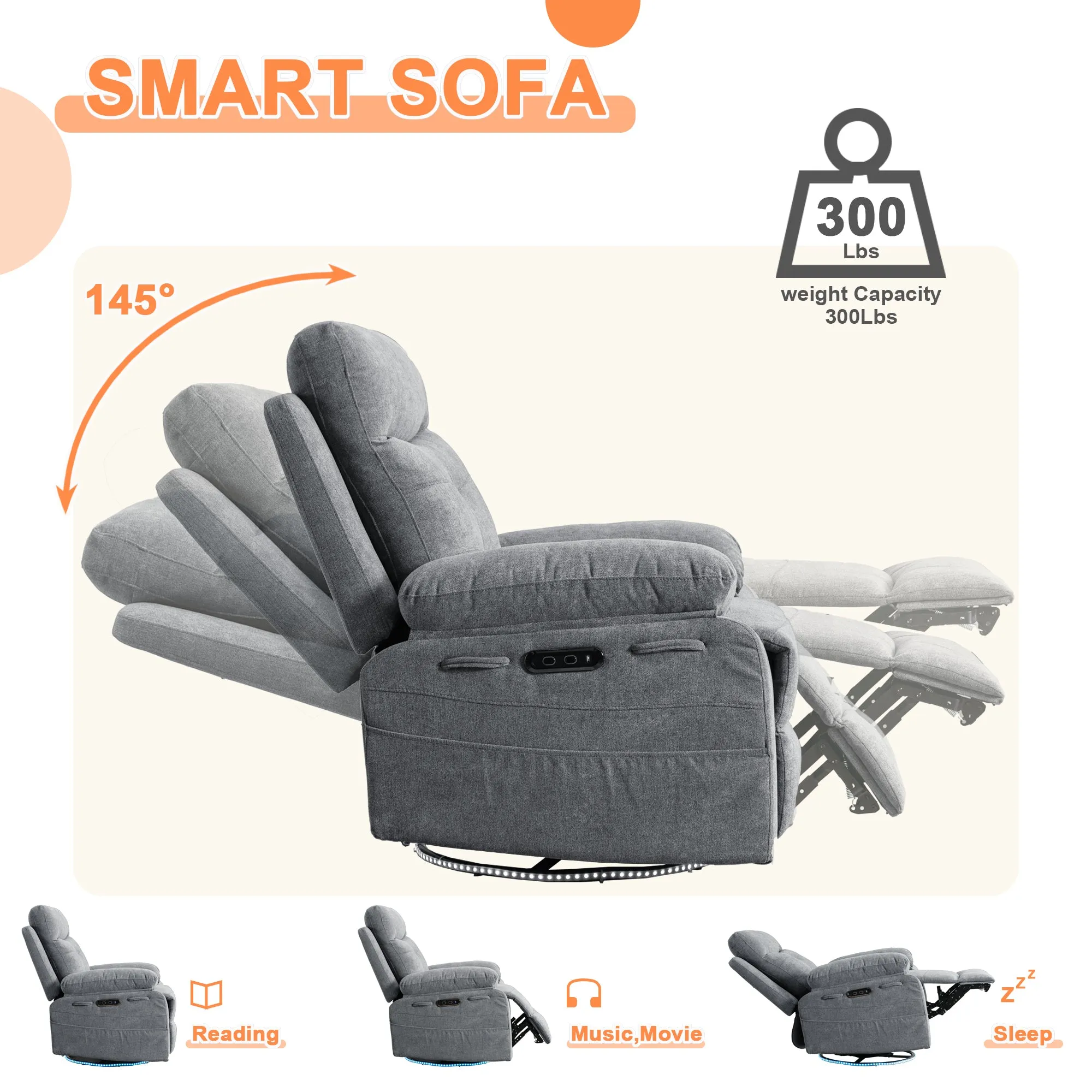 Aspen Power Recliner Glider Chair With Bluetooth Speaker - Light Gray