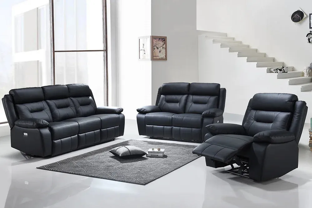 Black 3 PC Genuine Leather Power Recliner Sofa Set- Includes USB & Cup Holders- Model #8110