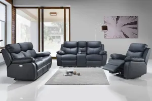 Black 3 PC Genuine Leather Power Recliner Sofa Set- Includes USB, Storage & Cup Holders- Model #8120