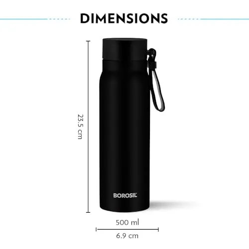 Borosil Hydra Bliss 500 ml Stainless Steel Vacuum Insulated Water Bottle, 13 hrs Hot & 12 Hrs Cold Thermos Flask, Leak Proof, Wide Mouth & Strap, for Home, Office, Sports, School & Outdoor uses, Black