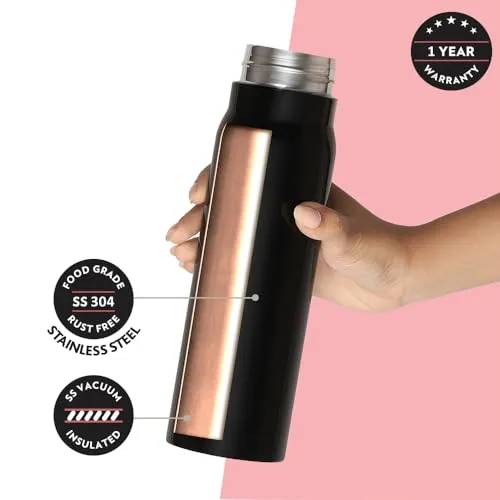 Borosil Hydra Bliss 500 ml Stainless Steel Vacuum Insulated Water Bottle, 13 hrs Hot & 12 Hrs Cold Thermos Flask, Leak Proof, Wide Mouth & Strap, for Home, Office, Sports, School & Outdoor uses, Black