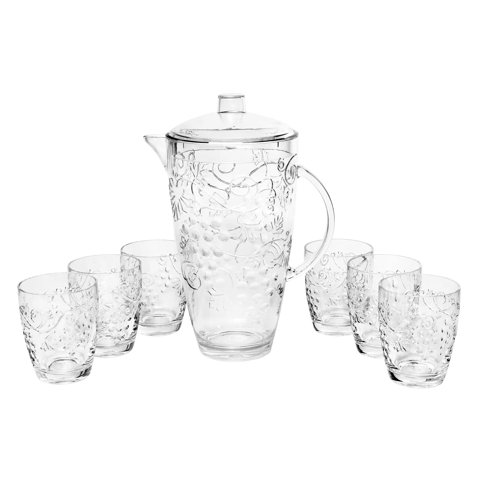 Break Resistant "Fruits" Clear Plastic Pitcher with Lid and 6 Tumbler Glasses Set - Perfect for Iced Tea, Sangria, Lemonade (93 fl oz. pitcher - 13 fl oz. glasses)