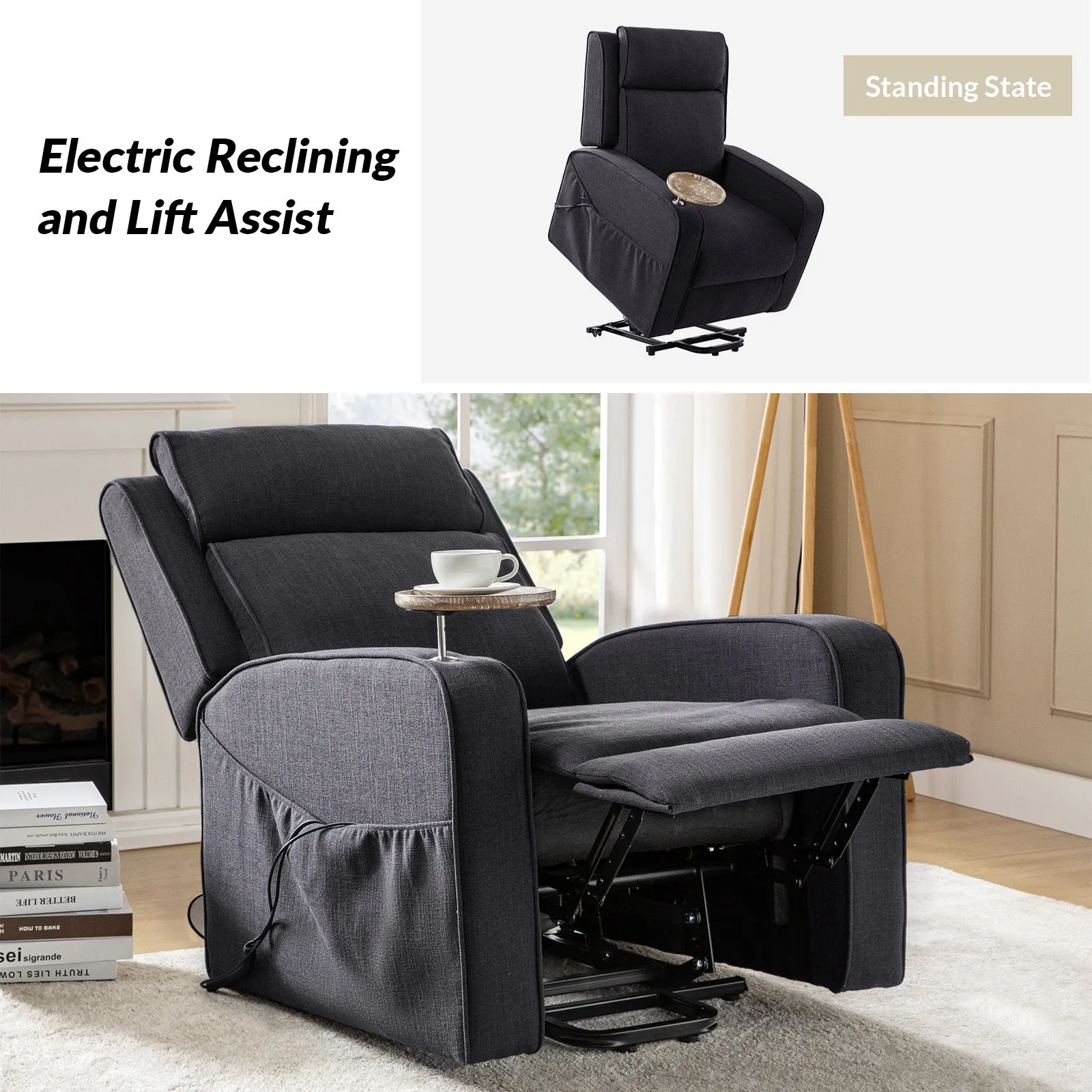 Dean Farmhouse Modern Lift Assist Power Recliner with Rear Wheels