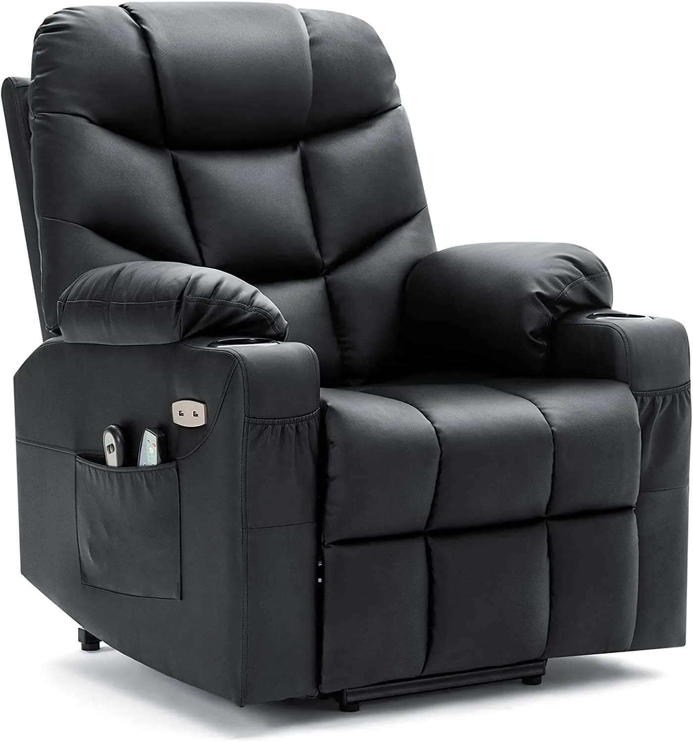 Electric Power Lift Chair Recliner Sofa for Elderly with Vibration Massage & Lumbar Heated, 2 Side Pockets & Cup Holders(Black)