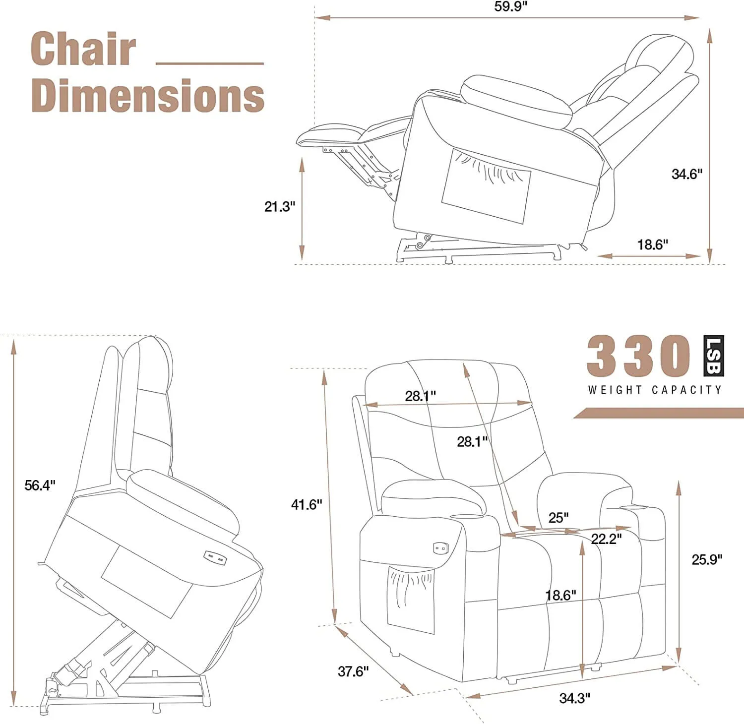 Electric Power Lift Chair Recliner Sofa for Elderly with Vibration Massage & Lumbar Heated, 2 Side Pockets & Cup Holders(Black)