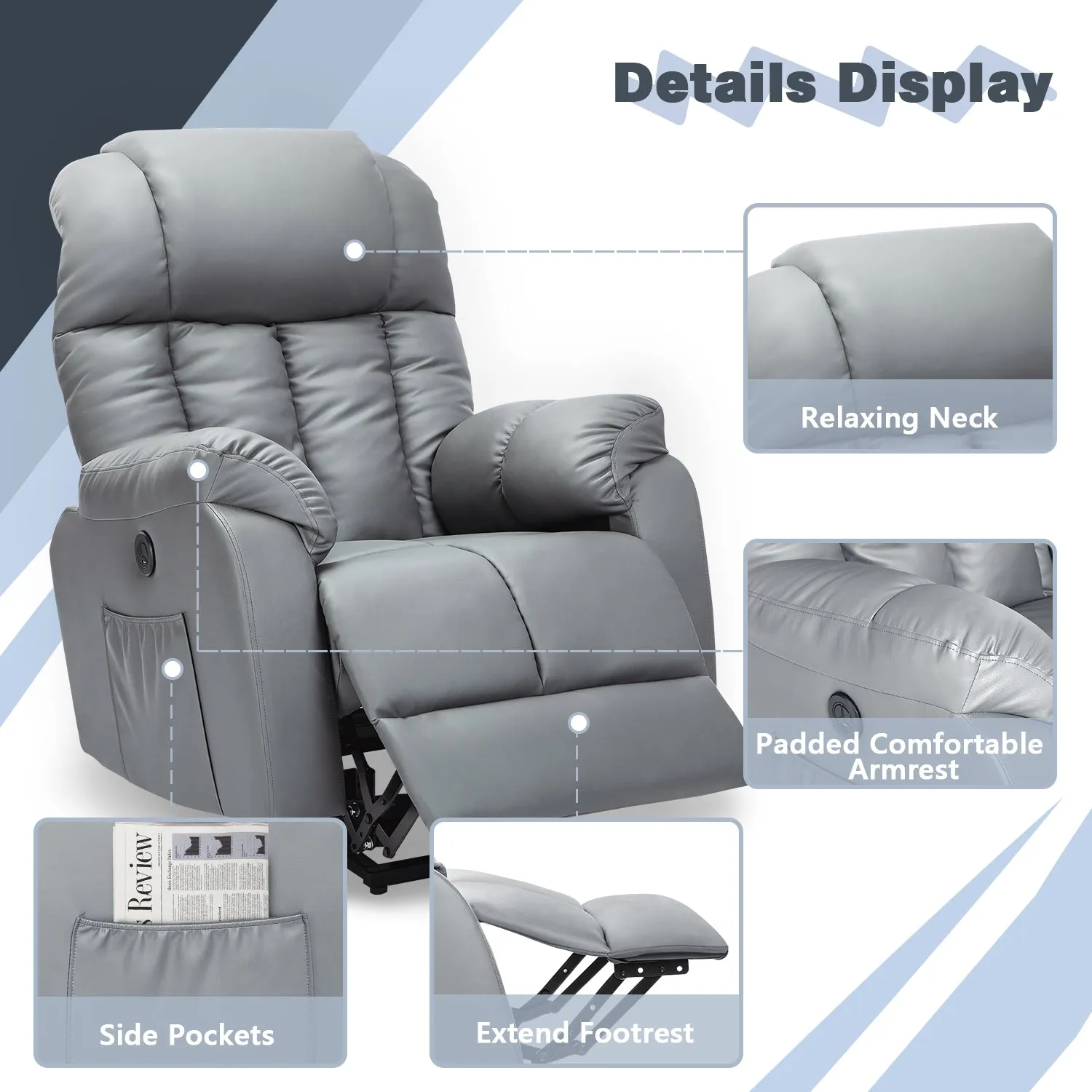 Electric Power Recliner Lift Chair Faux Leather Electric Recliner for Elderly with Side Pockets, USB Charge Port, Grey