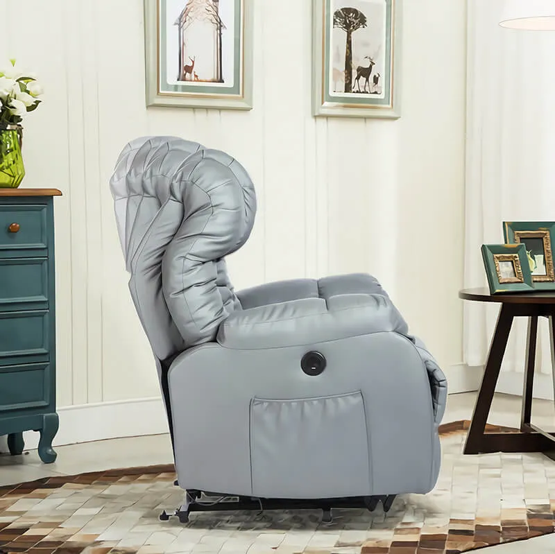 Electric Power Recliner Lift Chair Faux Leather Electric Recliner for Elderly with Side Pockets, USB Charge Port, Grey