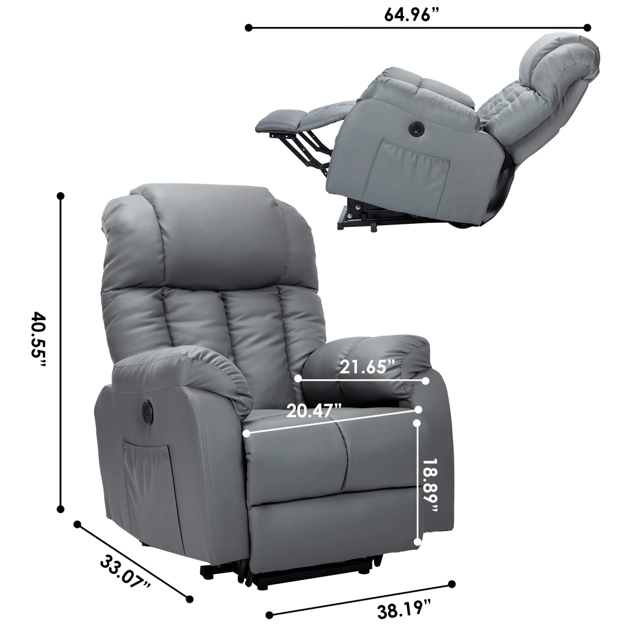 Electric Power Recliner Lift Chair Faux Leather Electric Recliner for Elderly with Side Pockets, USB Charge Port, Grey