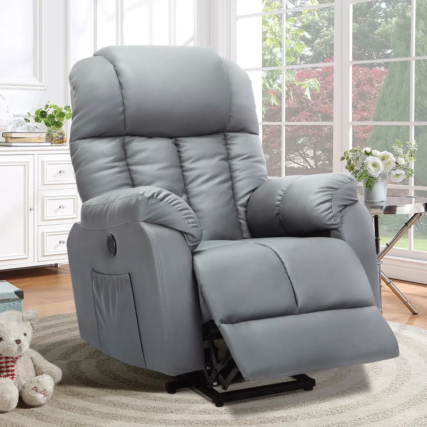 Electric Power Recliner Lift Chair Faux Leather Electric Recliner for Elderly with Side Pockets, USB Charge Port, Grey