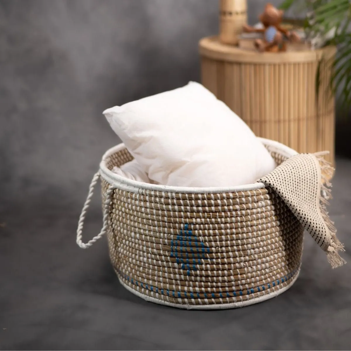 Handmade Moonj Grass Declutter Basket - Indigo-Diamond