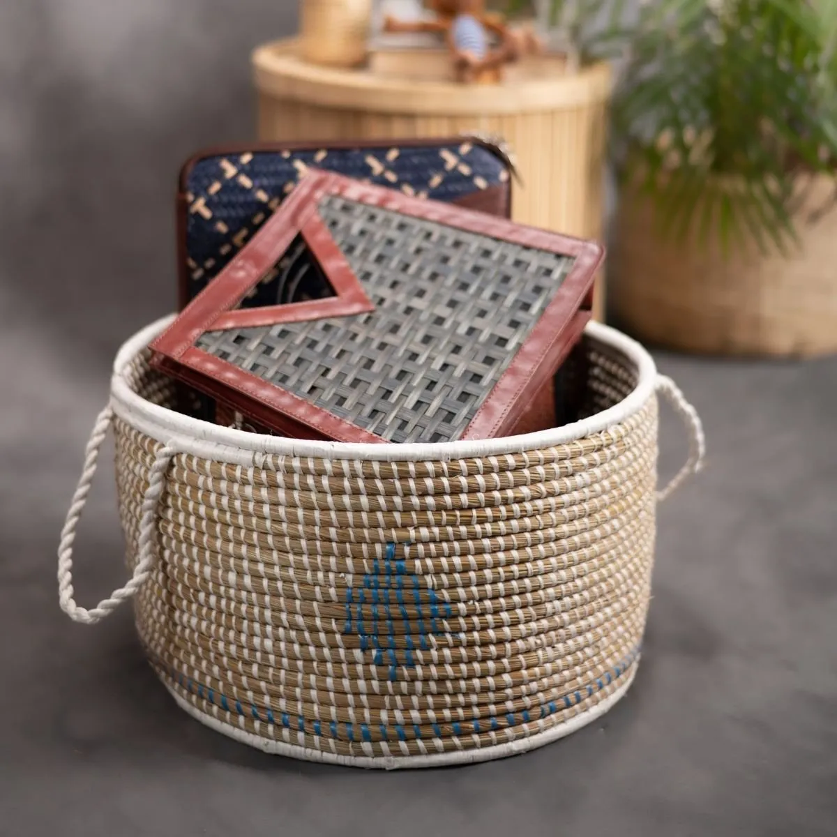 Handmade Moonj Grass Declutter Basket - Indigo-Diamond