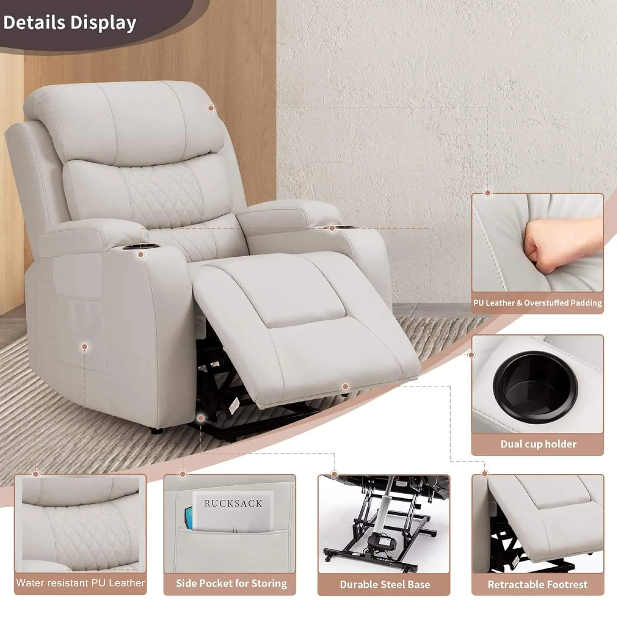 Homrest Power Lift Assist Chair Recliner for Elderly with Heat & Massage, Cup Holders & Pockets, Beige