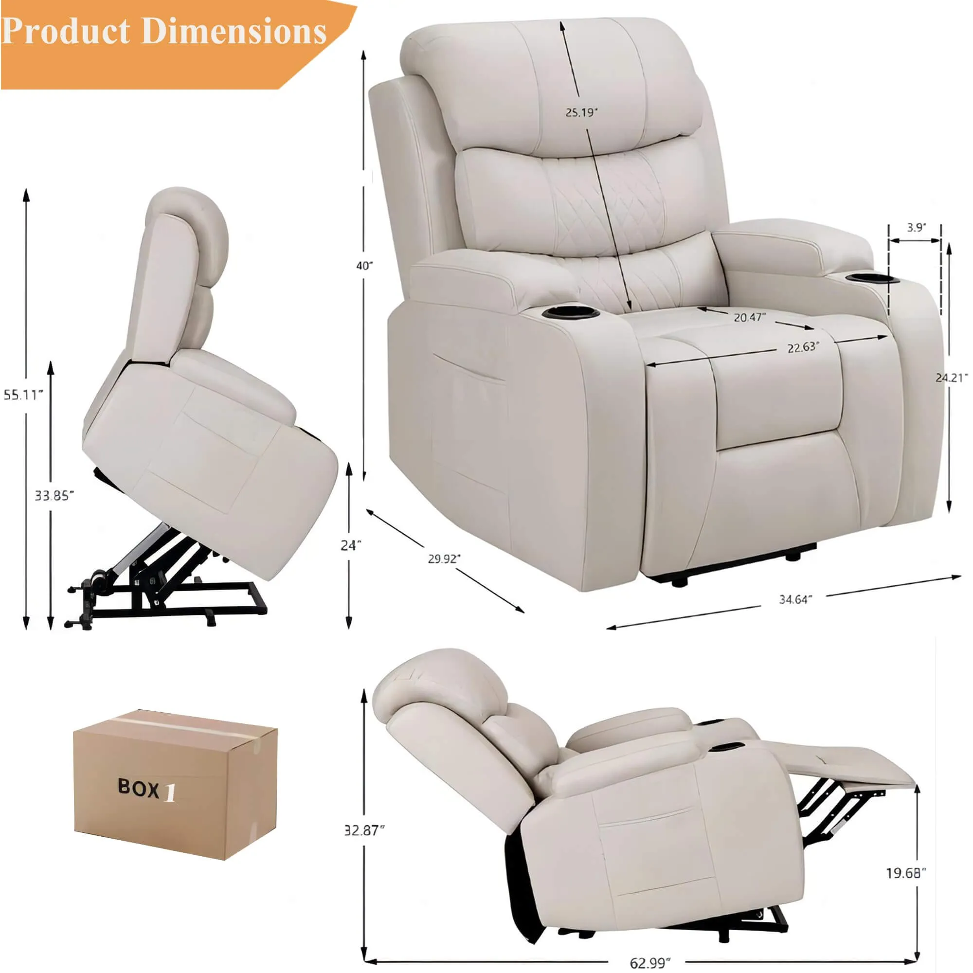 Homrest Power Lift Assist Chair Recliner for Elderly with Heat & Massage, Cup Holders & Pockets, Beige