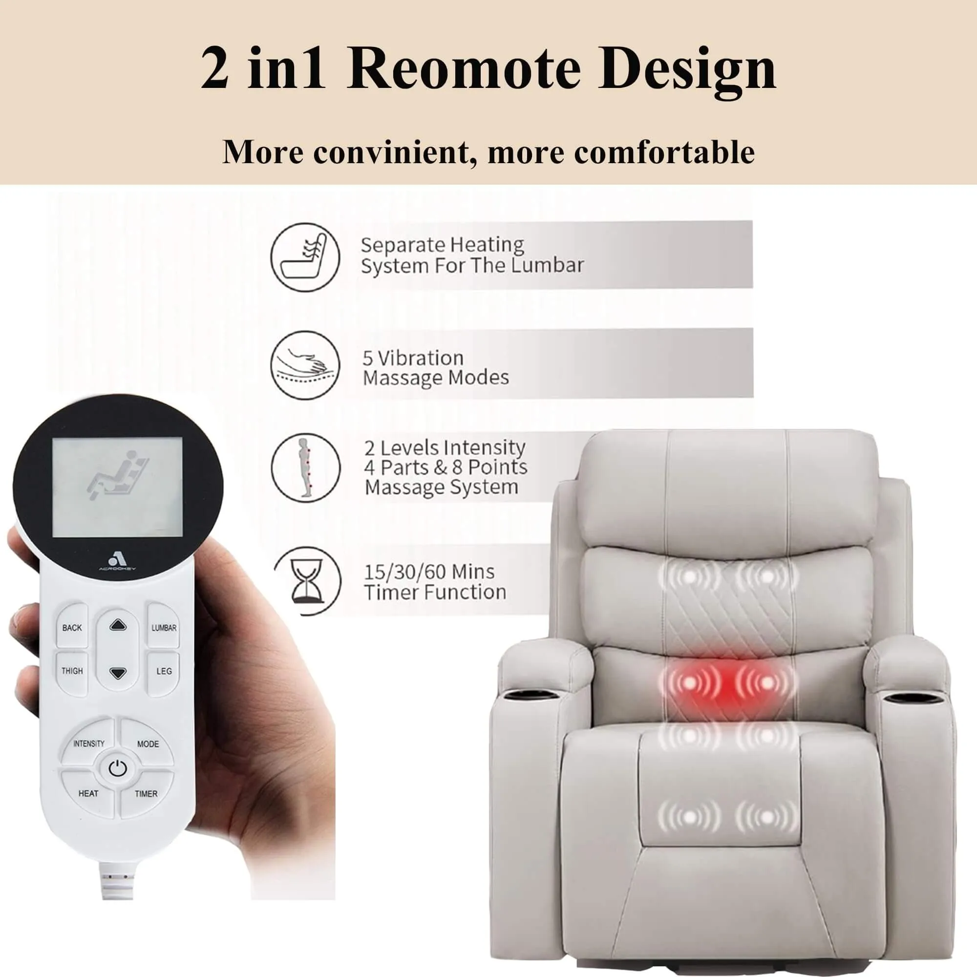 Homrest Power Lift Assist Chair Recliner for Elderly with Heat & Massage, Cup Holders & Pockets, Beige