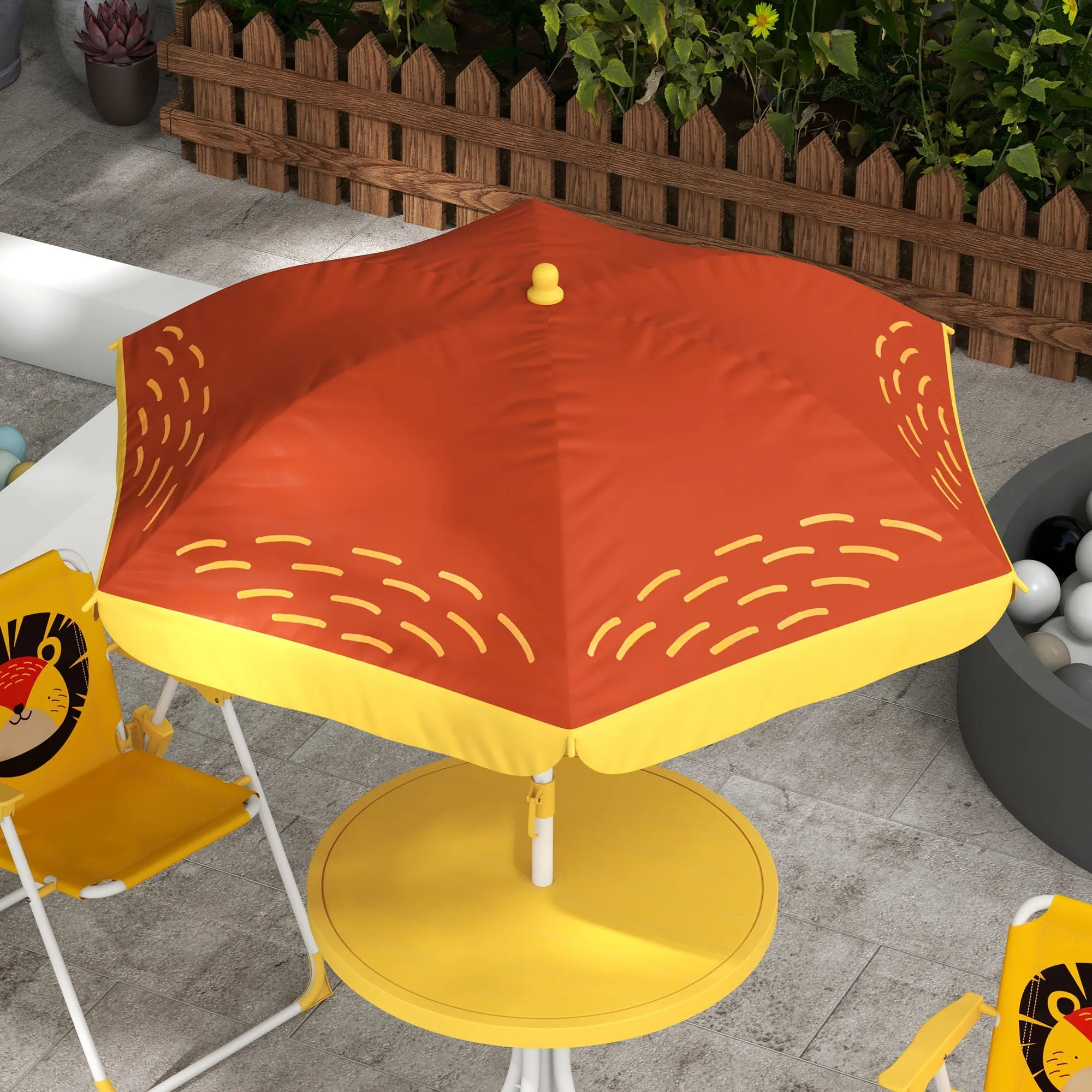 Kids Picnic Table and Chair Set Lion Themed Outdoor Garden Furniture w/ Foldable Chairs, Adjustable Parasol - Yellow