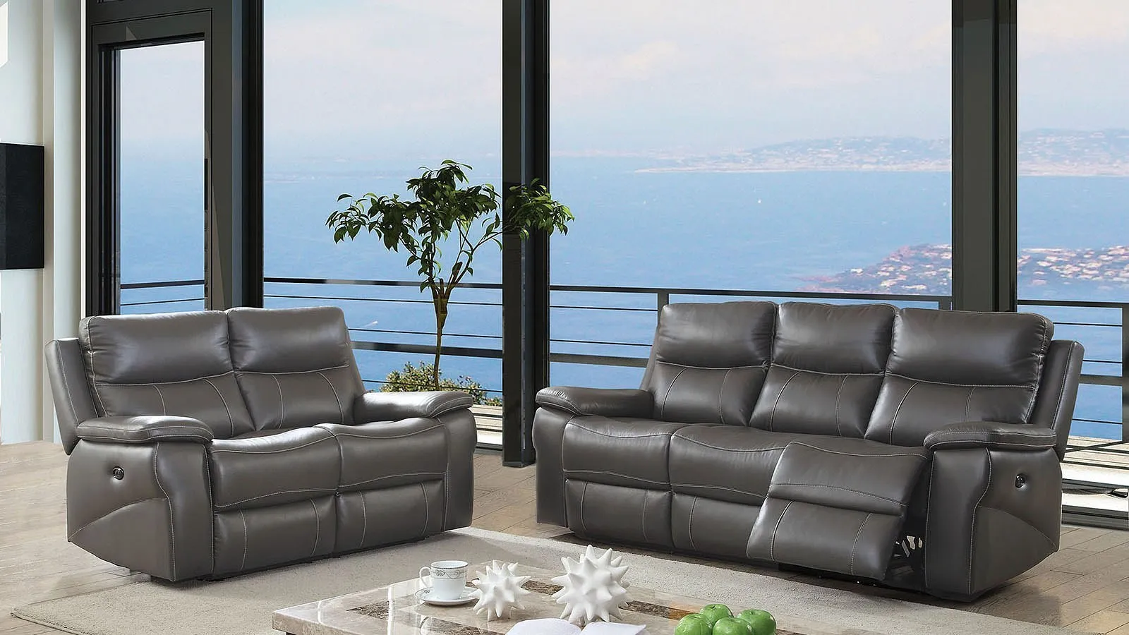 Lila Top Grain Leather Power Reclining Sofa - Grey