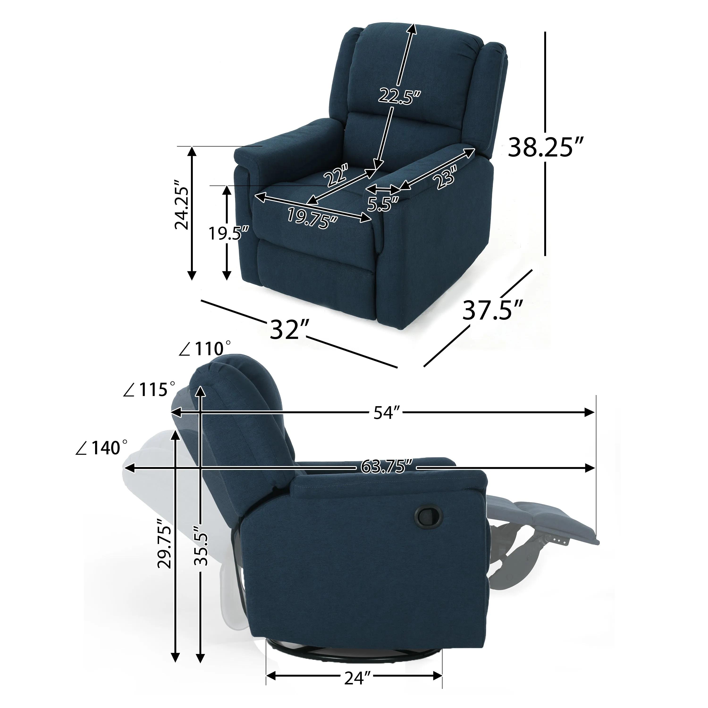 Margo Recliner Chair with Swivel - Navy Blue