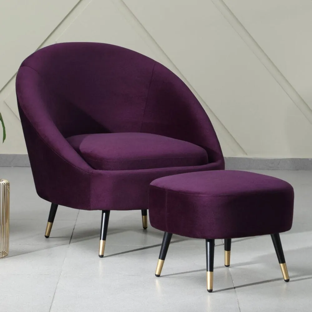 Mariana Velvet Finish Barrel Chair with Foot Stool in Wine Colour