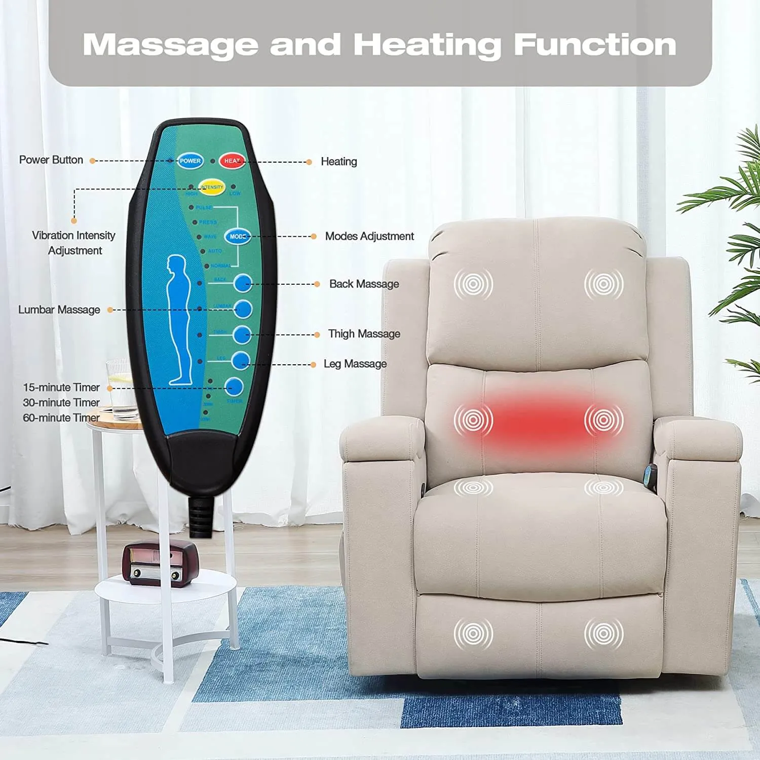 Massage Recliner Chair with Technological Fabric Leather Hidden Cup Holder, Creamy White