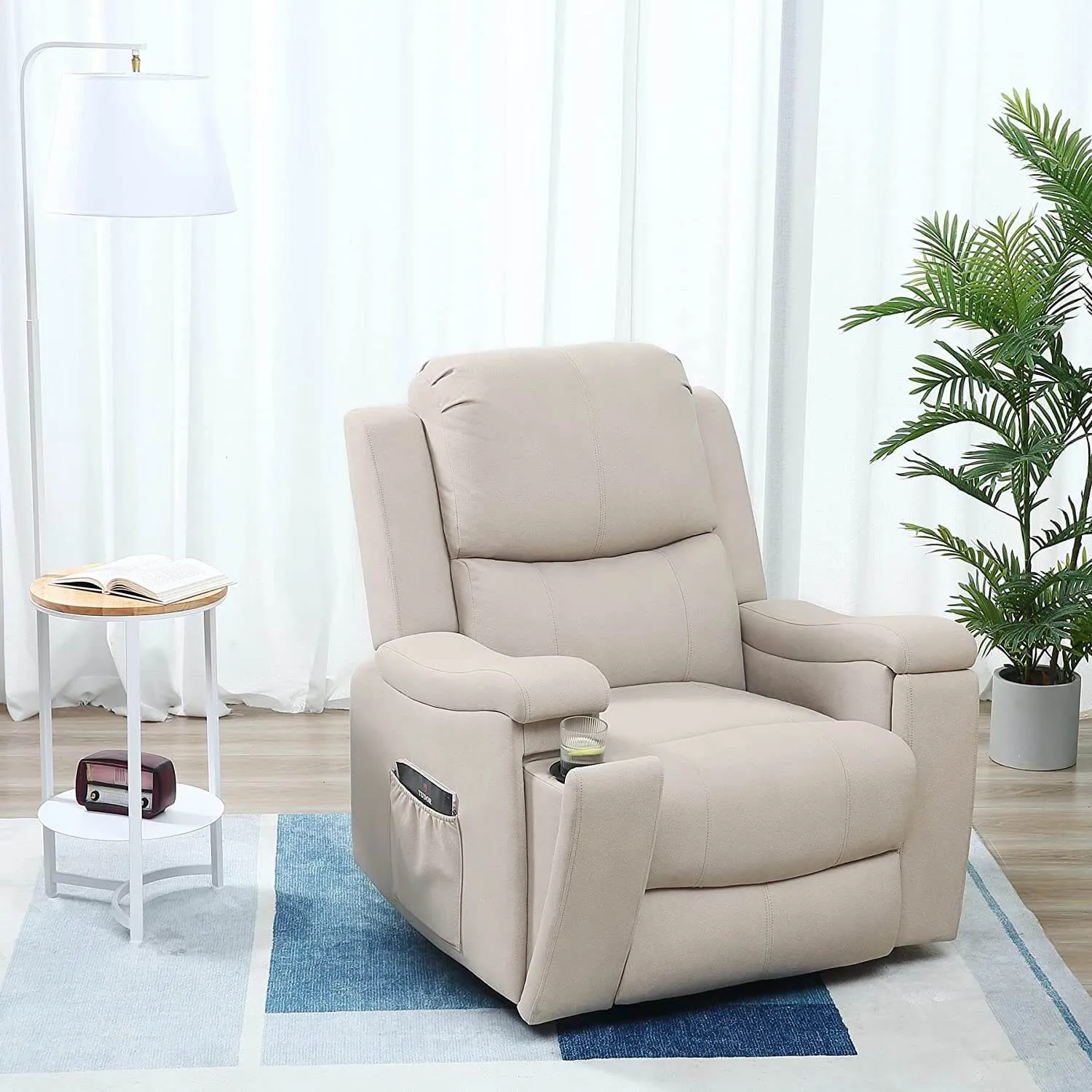 Massage Recliner Chair with Technological Fabric Leather Hidden Cup Holder, Creamy White