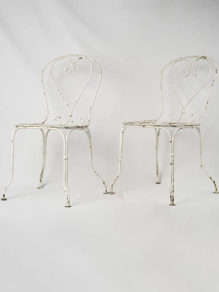 Pair of Antique French Iron Garden Chairs w/ Lattice Seats & White Patina