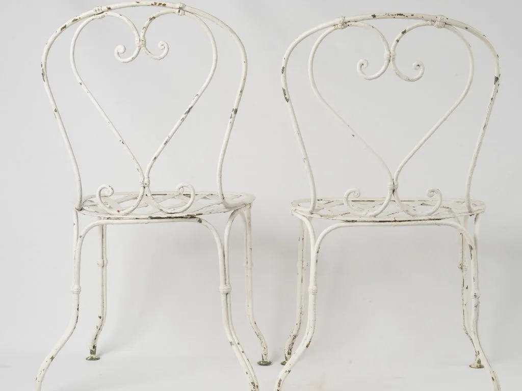 Pair of Antique French Iron Garden Chairs w/ Lattice Seats & White Patina