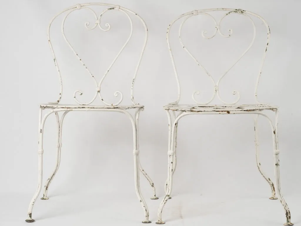 Pair of Antique French Iron Garden Chairs w/ Lattice Seats & White Patina