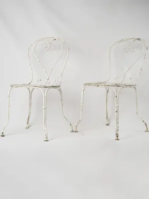 Pair of Antique French Iron Garden Chairs w/ Lattice Seats & White Patina