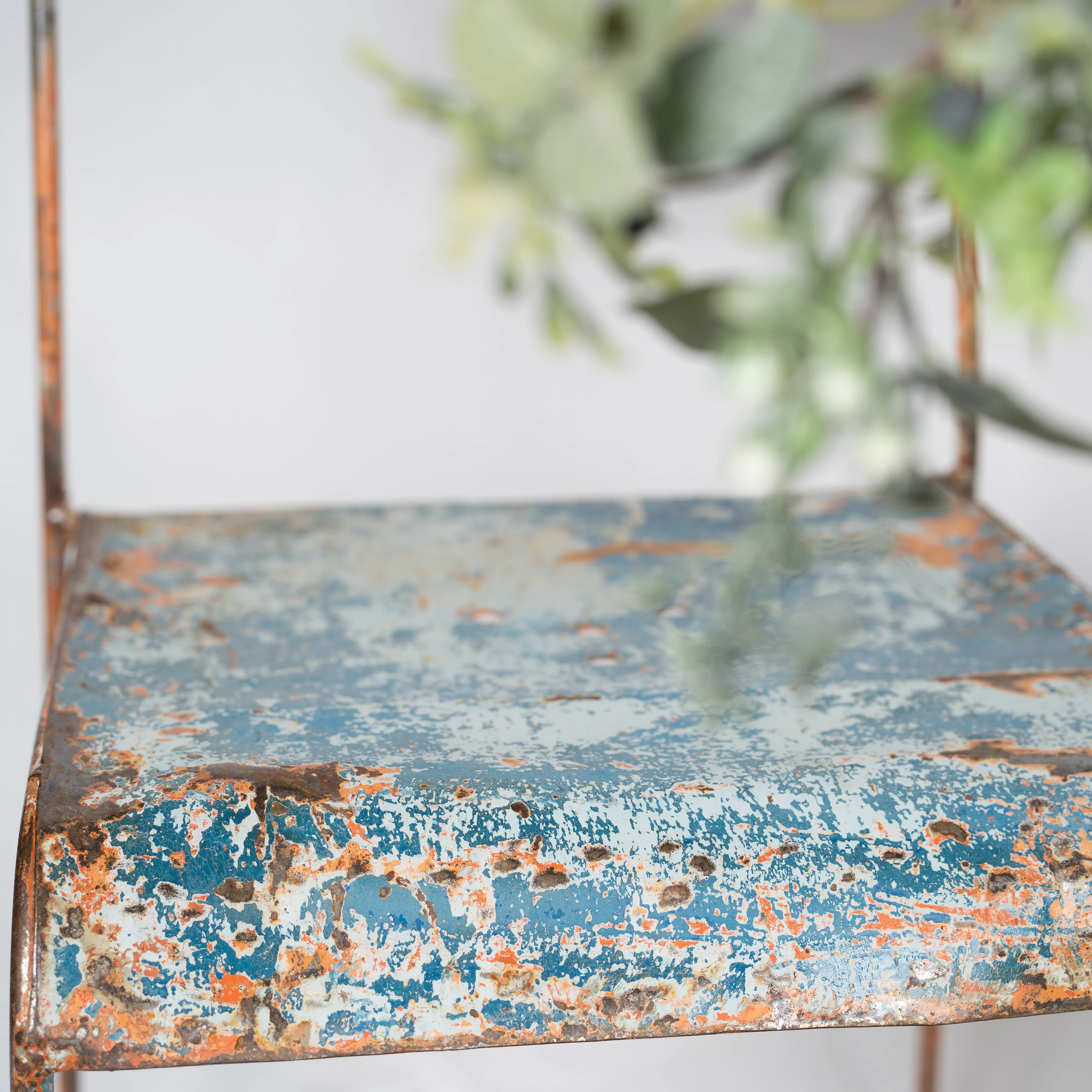 Pair of industrial metal garden chairs w/ blue patina