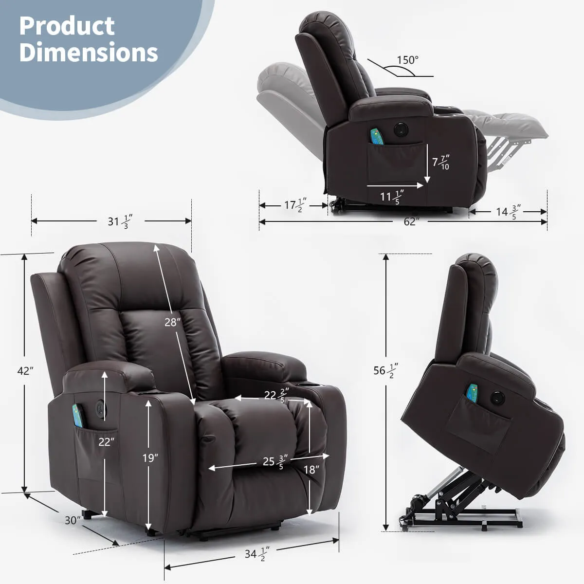 Power Lift Recliner Chair with Massage & Heat for Elderly, 26 Inch Wide Seat, 2 Side Pockets, Cup Holders & USB Port (Brown)