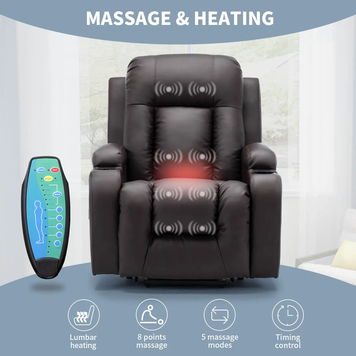 Power Lift Recliner Chair with Massage & Heat for Elderly, 26 Inch Wide Seat, 2 Side Pockets, Cup Holders & USB Port (Brown)