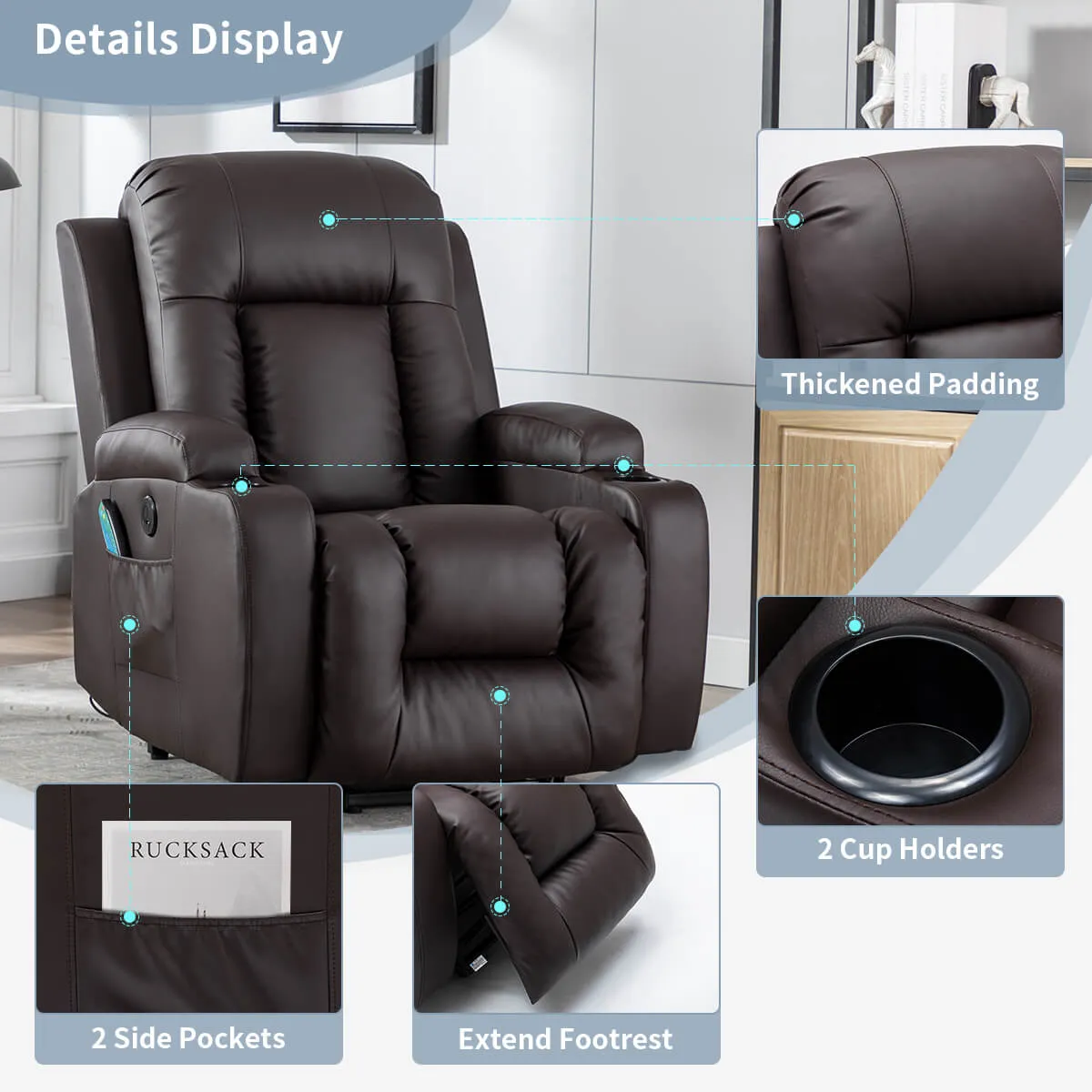 Power Lift Recliner Chair with Massage & Heat for Elderly, 26 Inch Wide Seat, 2 Side Pockets, Cup Holders & USB Port (Brown)