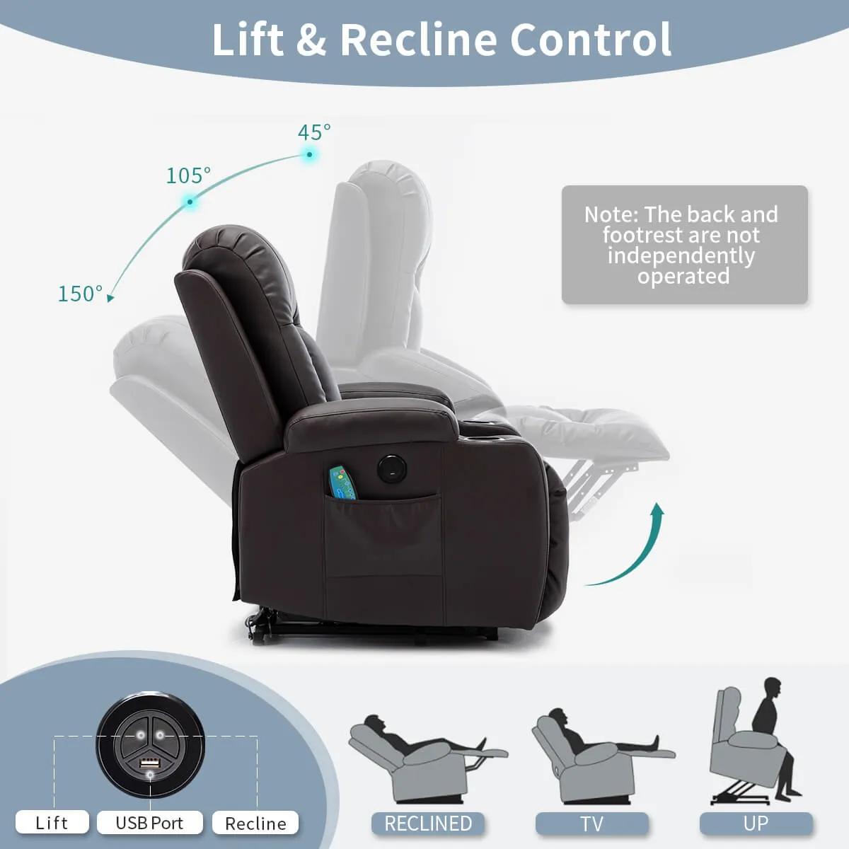 Power Lift Recliner Chair with Massage & Heat for Elderly, 26 Inch Wide Seat, 2 Side Pockets, Cup Holders & USB Port (Brown)