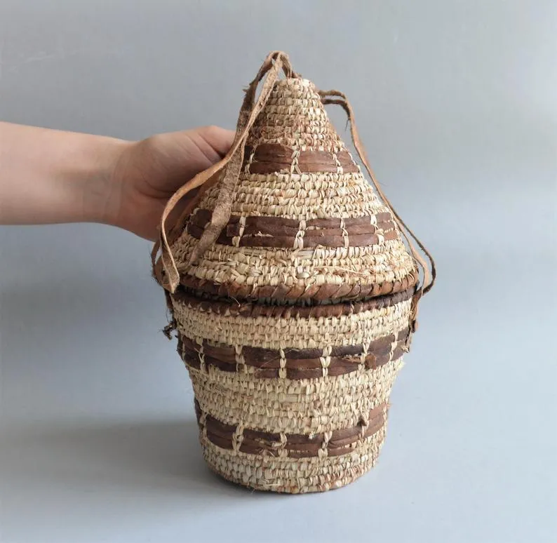 Unique rustic basket Palm leaves with leather