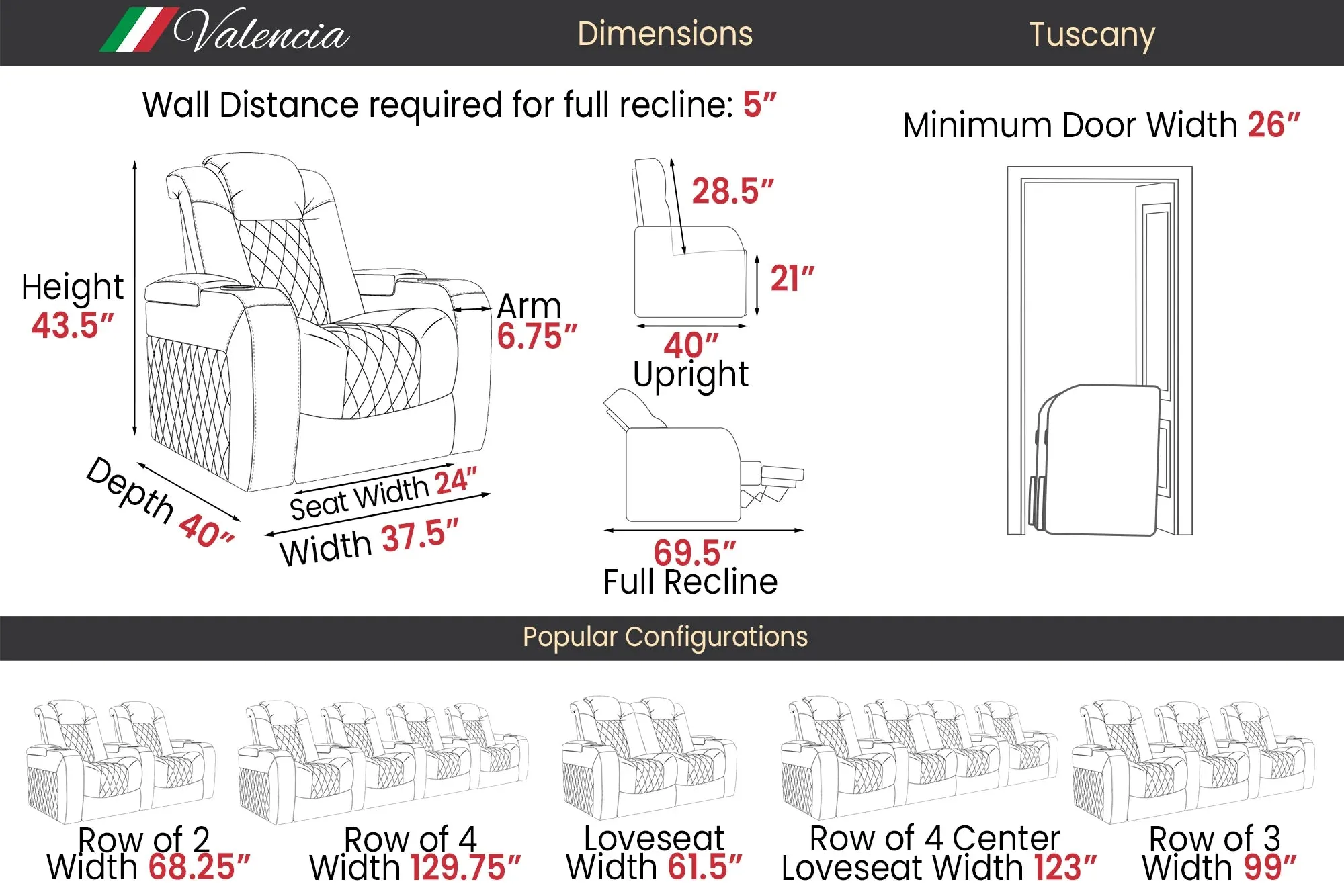 Valencia Tuscany Vegan Leather Home Theater Seating Row of 2 Loveseat, Dark Truffle